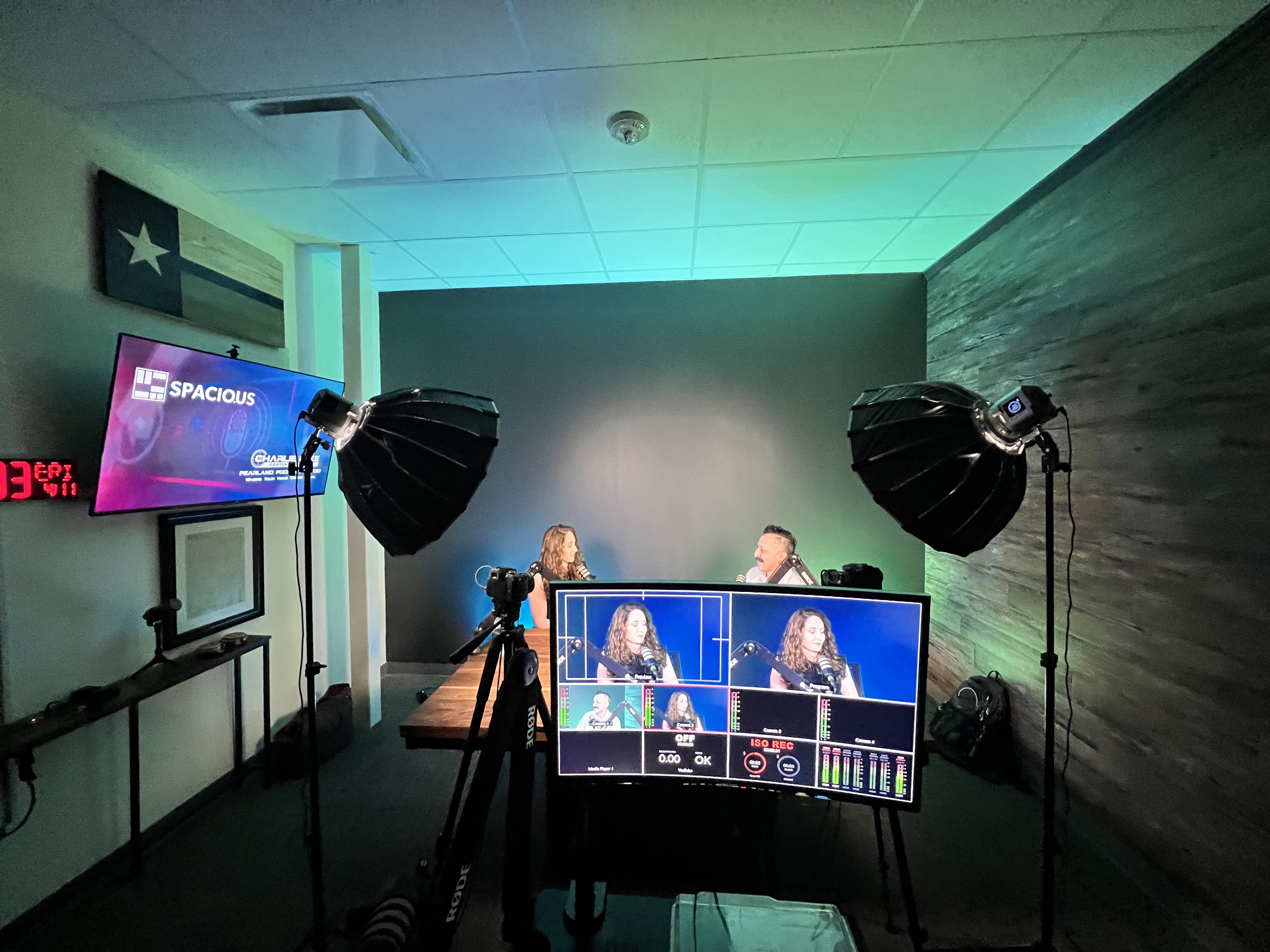 Full studio production setup with lighting and monitors